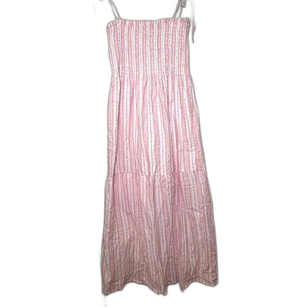 Day + Moon Dress Women's Size Large White Red Midi Maxi Tank Ruched 4th of July